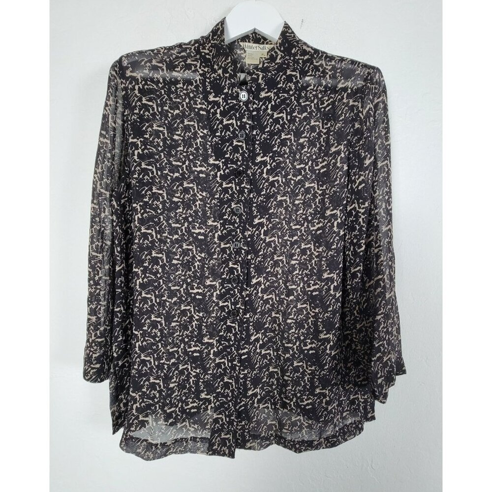 WinterSilks Womens Black & Beige Abstract Print 100% Silk Button-Down Blouse PL